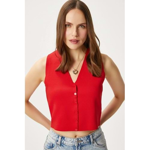 Kadın Petite Çıtçıtlı Crop Kırmızı Triko Yelek
