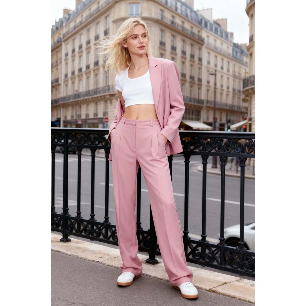 Açık Pembe Straight/Düz Kesim Dokuma Kumaş Pantolon