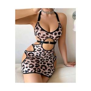 Fantazi Leopar Desenli Seksi Kostüm Fantezi Şık Mini Etekli Gecelik Fantazi Hizmetçi Kostüm