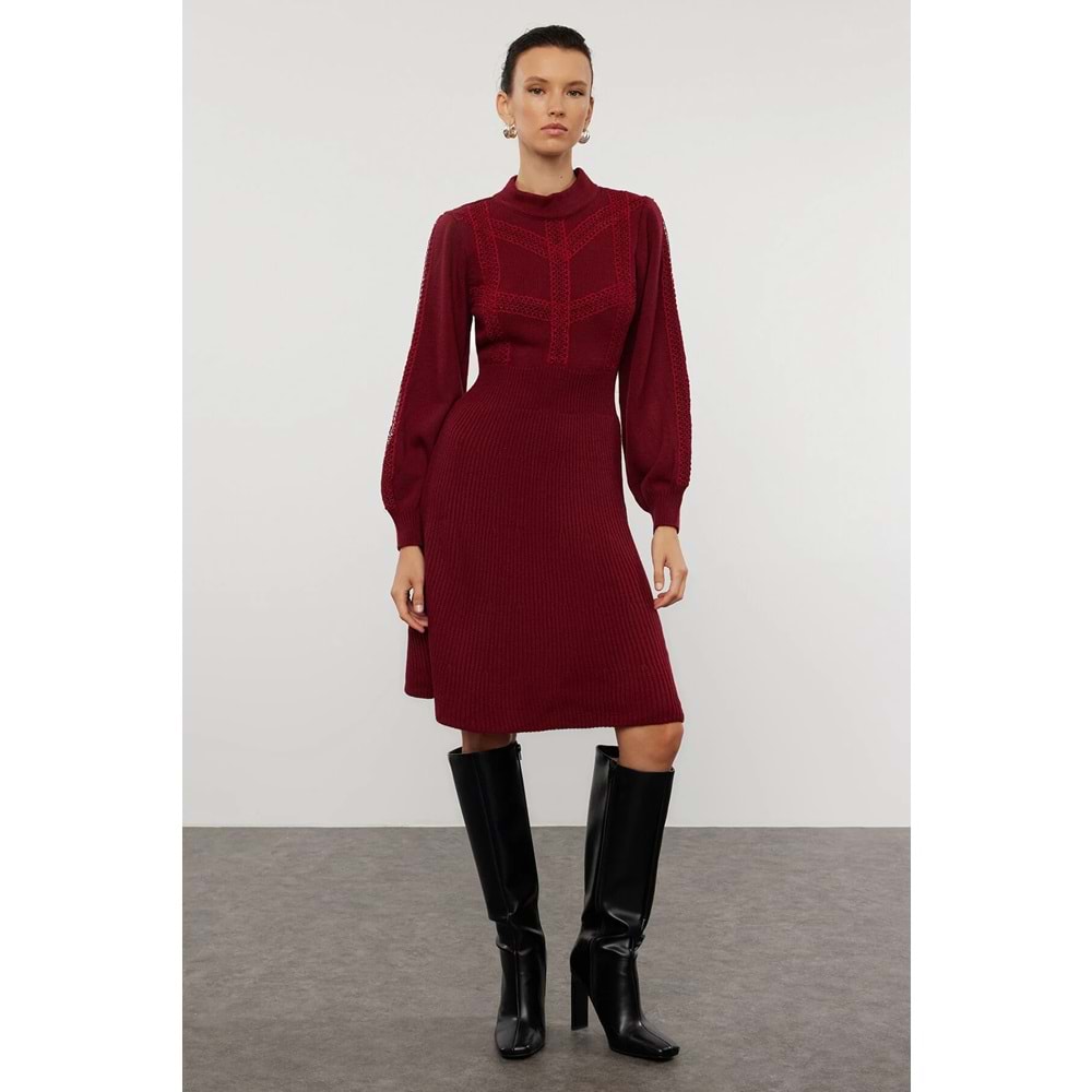 Bordo Mini Triko Dantelli Elbise