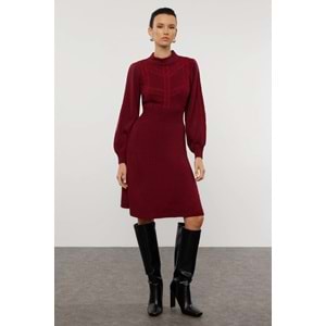 Bordo Mini Triko Dantelli Elbise