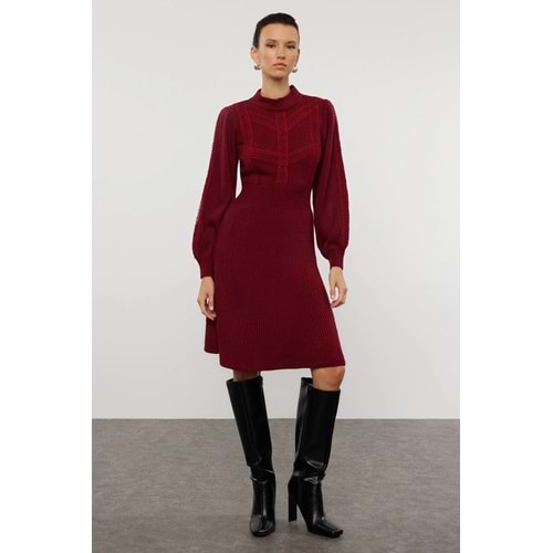 Bordo Mini Triko Dantelli Elbise