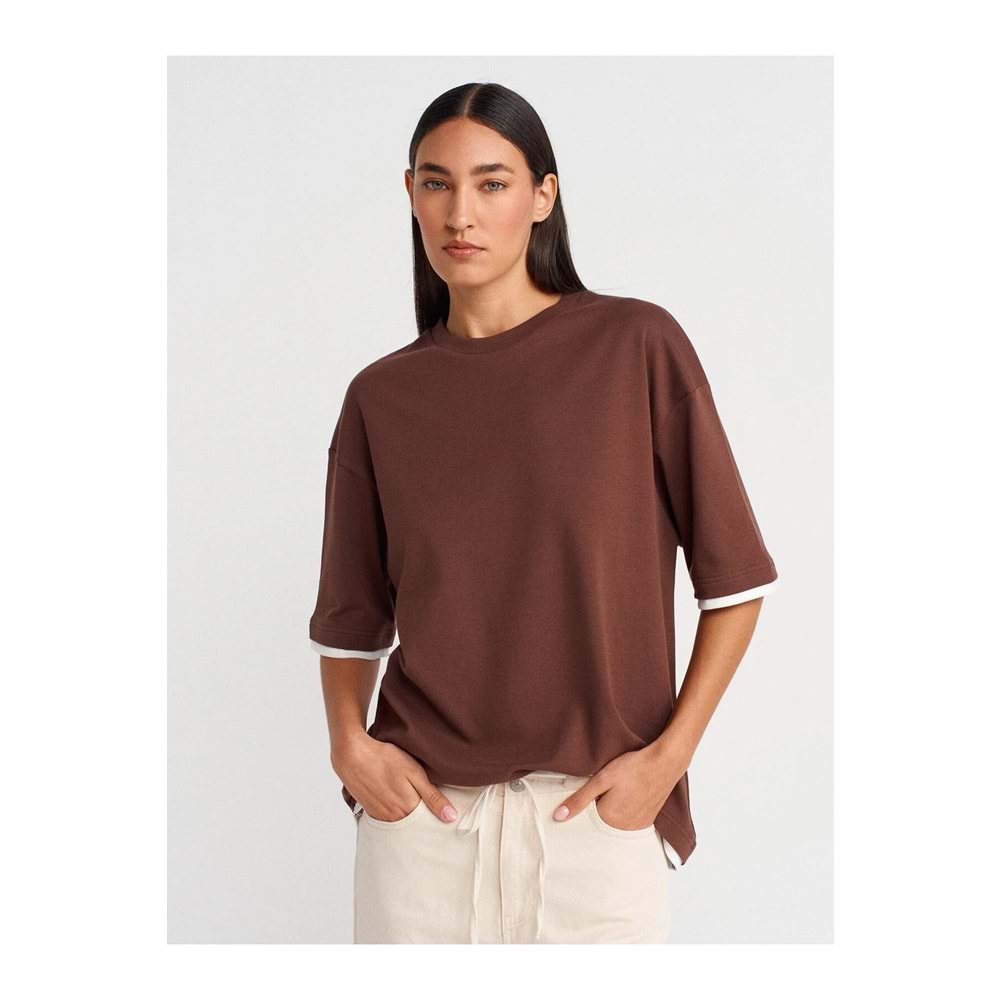 Dilvin 31894 %100 Pamuk Çift Görünümlü Oversize T-shirt