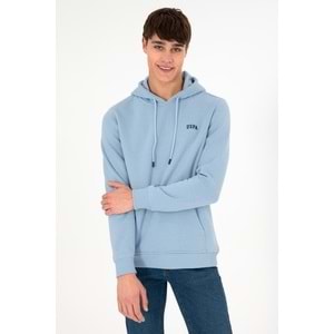 SADECE ONLINE MAĞAZADAErkek Kapüşonlu Açık Mavi Basic Şardonlu Sweatshirt