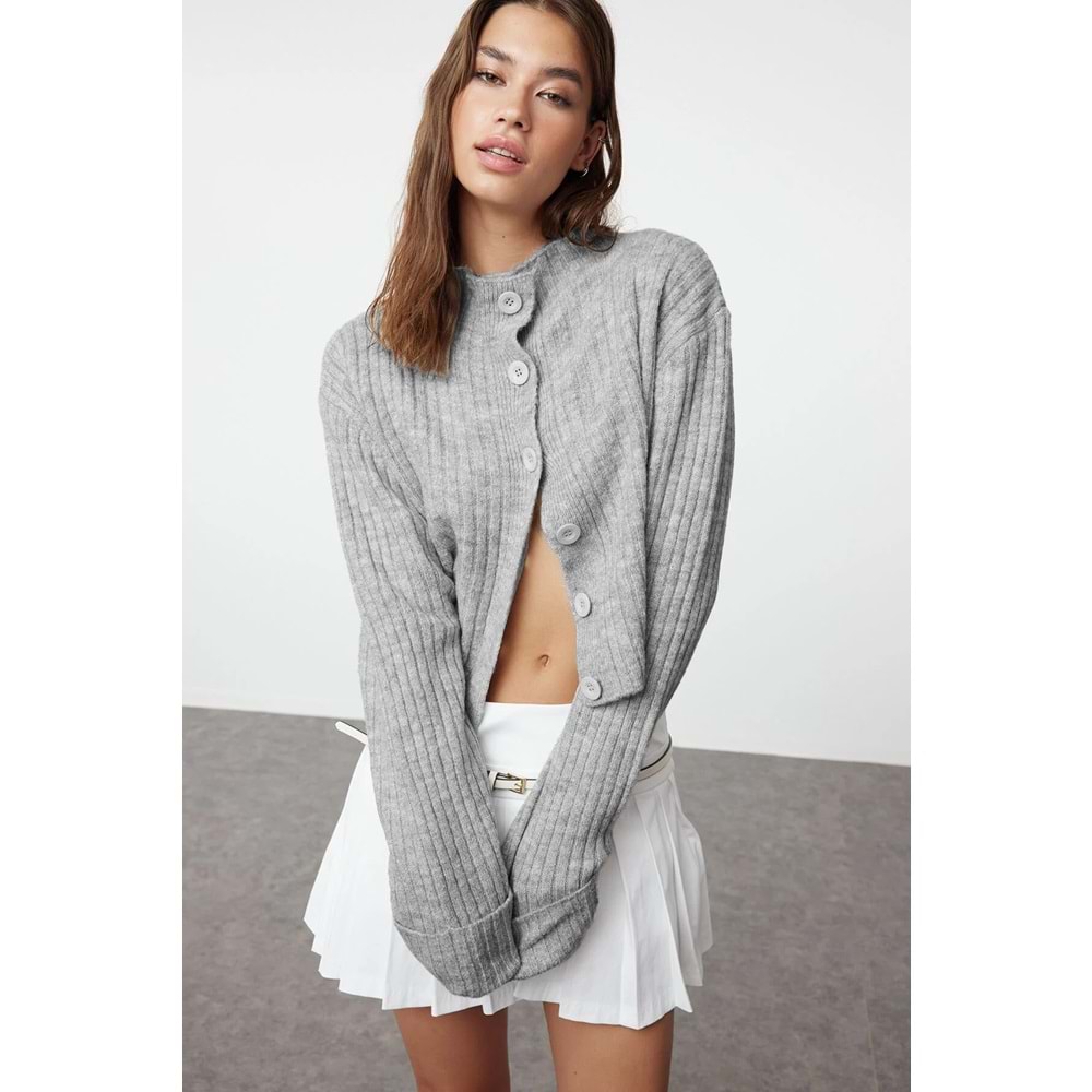 Trendyolmilla Koyu Gri Crop Yumuşak Dokulu Dik Yaka Triko Hırka