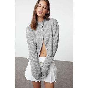 Trendyolmilla Koyu Gri Crop Yumuşak Dokulu Dik Yaka Triko Hırka