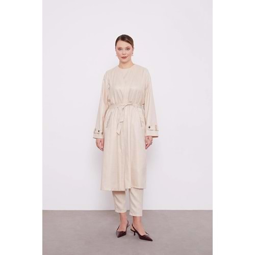 Açık Bej İşlemeli Melanj Kimono Üçlü Takım