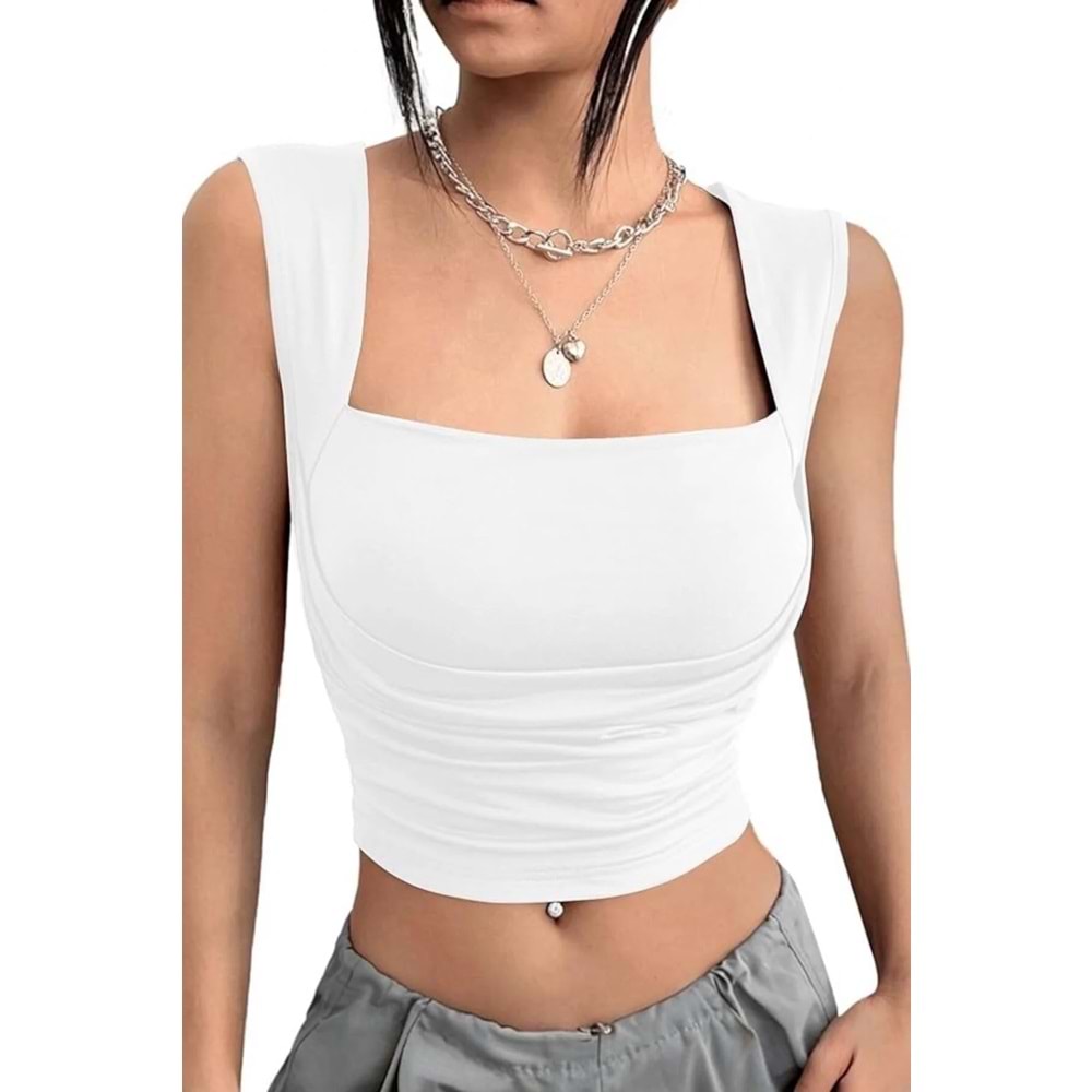 World Fashion Trends Kare Yaka Büzgü Detaylı Esnek Ekru Crop Bluz