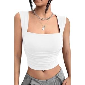World Fashion Trends Kare Yaka Büzgü Detaylı Esnek Ekru Crop Bluz