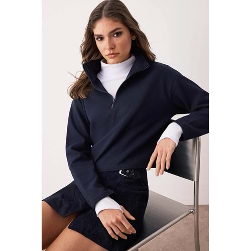 Lacivert Selanik/Triko Görünümlü Fermuarlı sweatshirt