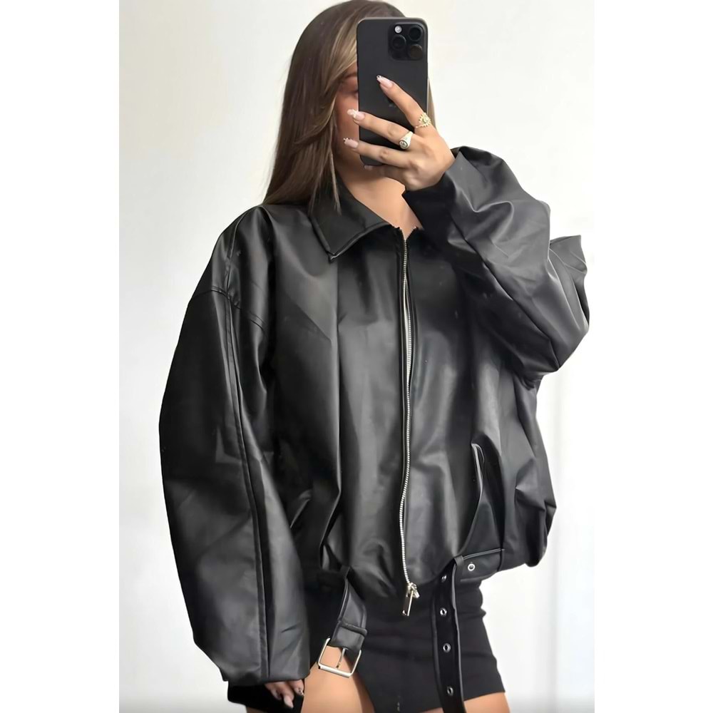 Siyah Yeni Sezon Trend Kemerli Bomber Deri Ceket