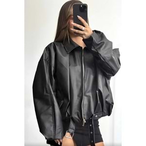 Siyah Yeni Sezon Trend Kemerli Bomber Deri Ceket
