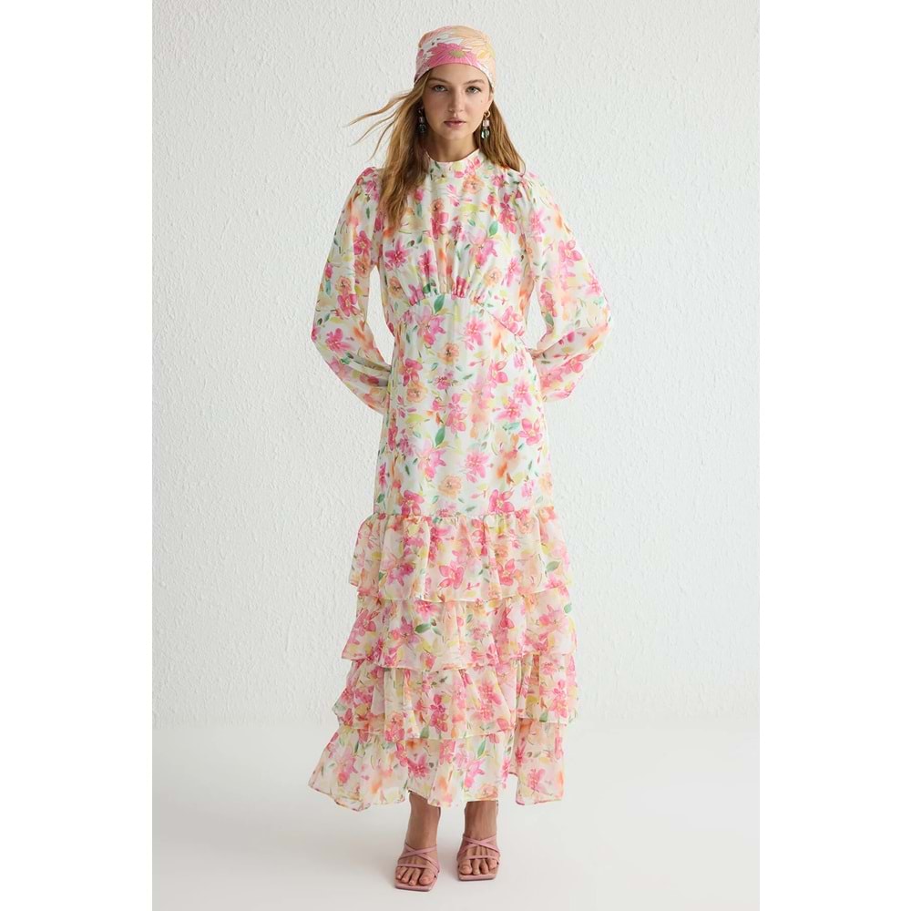 Trendyolmilla Modest Çiçekli Hakim Yaka Fırfırlı Dokuma Şifon Elbise