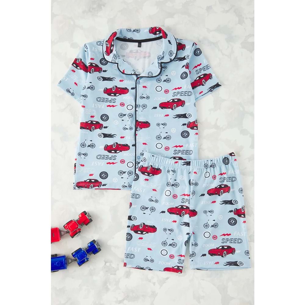 Bebe Mavisi Erkek Çocuk Pamuklu Araba Baskılı Örme Alt Üst Pijama Takımı