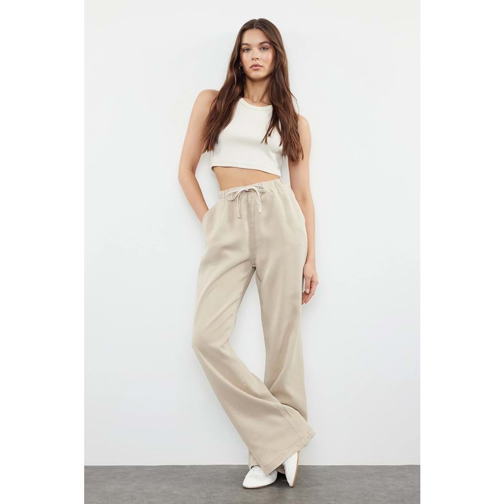 bej Beli Lastikli Yüksek Bel Jeans