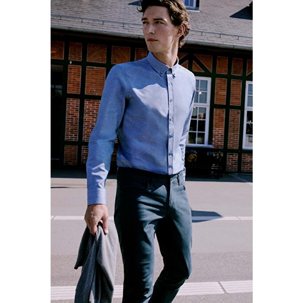 Slim Fit Dar Kesim 5 Cep Pamuklu Esnek Petrol Chino Pantolon