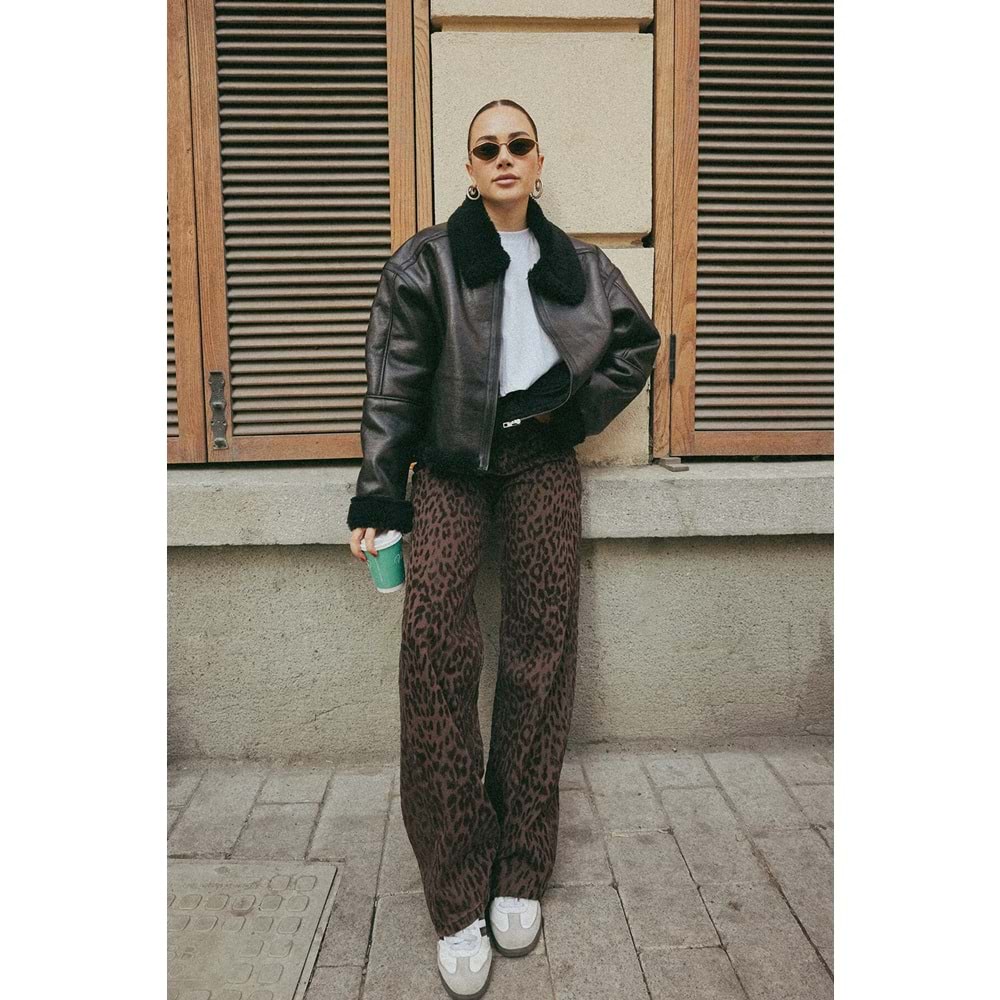 Trendyolmilla Kahverengi Leopar Desenli Wide Leg Jeans