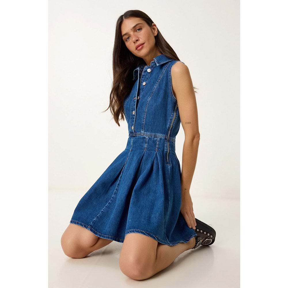 Lovelyİstanbul Mini Kloş Denim Elbise KOYU MAVİ