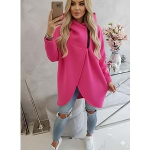 Pembe Kadın Asimetrik Fermuarlı Oversize Kapüşonlu Sweatshirt