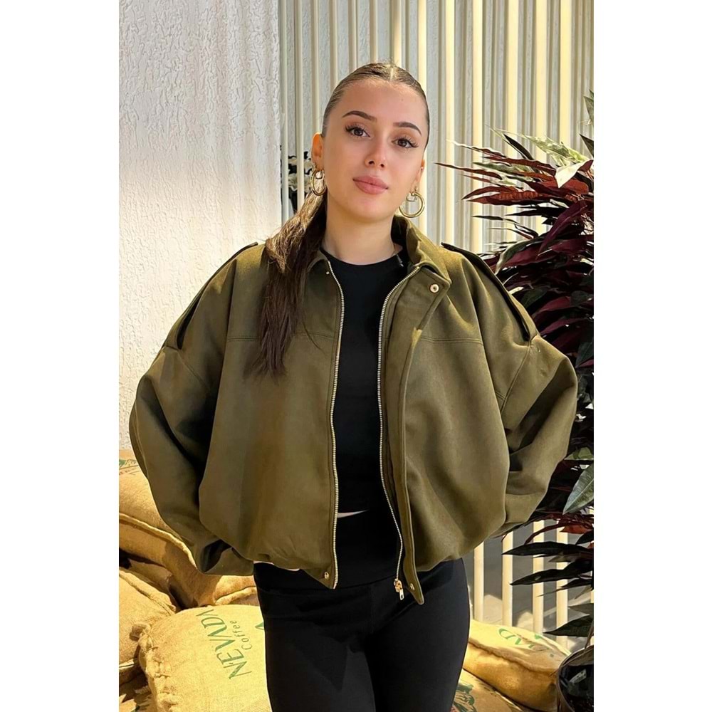 Kadın Haki Oversize Süet Bomber Ceket