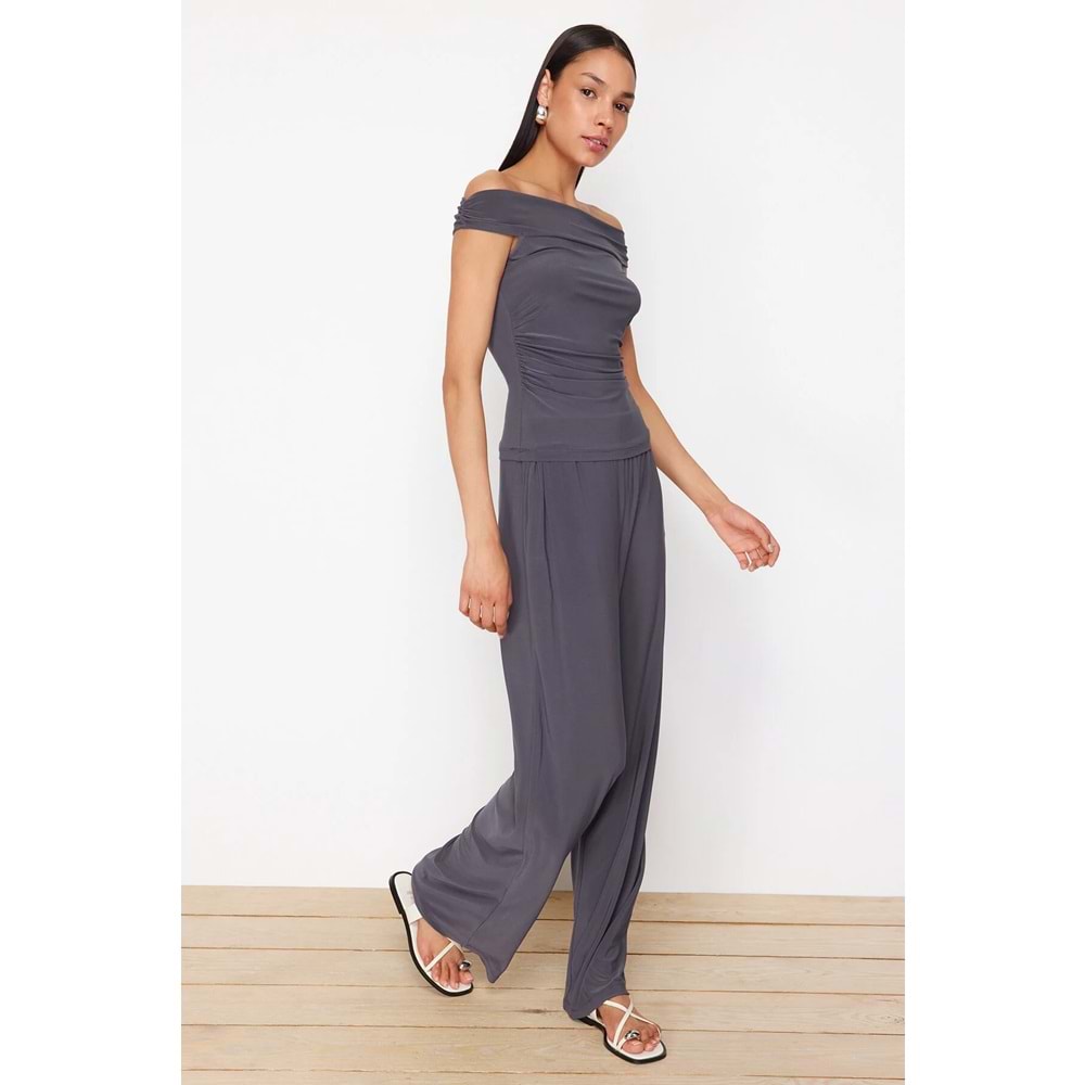 Trendyolmilla Antrasit Örme Bluz/Pantolon Alt-Üst Takım
