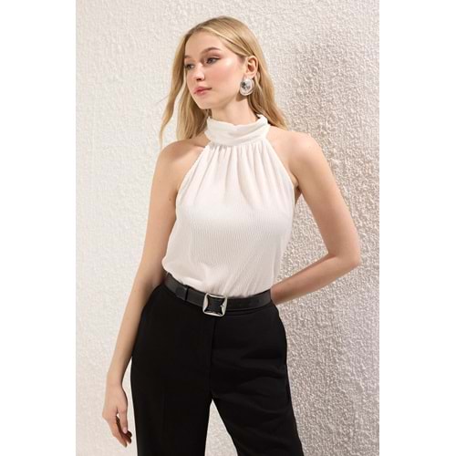 Ekru Regular/Normal Kalıp Dik Yaka Fit Pilise