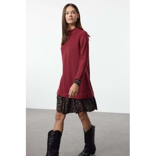 Bordo Çiçek Baskılı Elbise