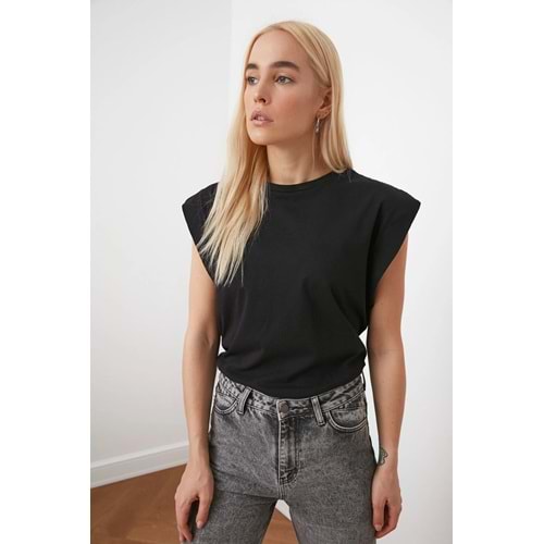 Siyah %100 Pamuk Vatka Görünümlü Basic Bisiklet Yaka Örme T-Shirt