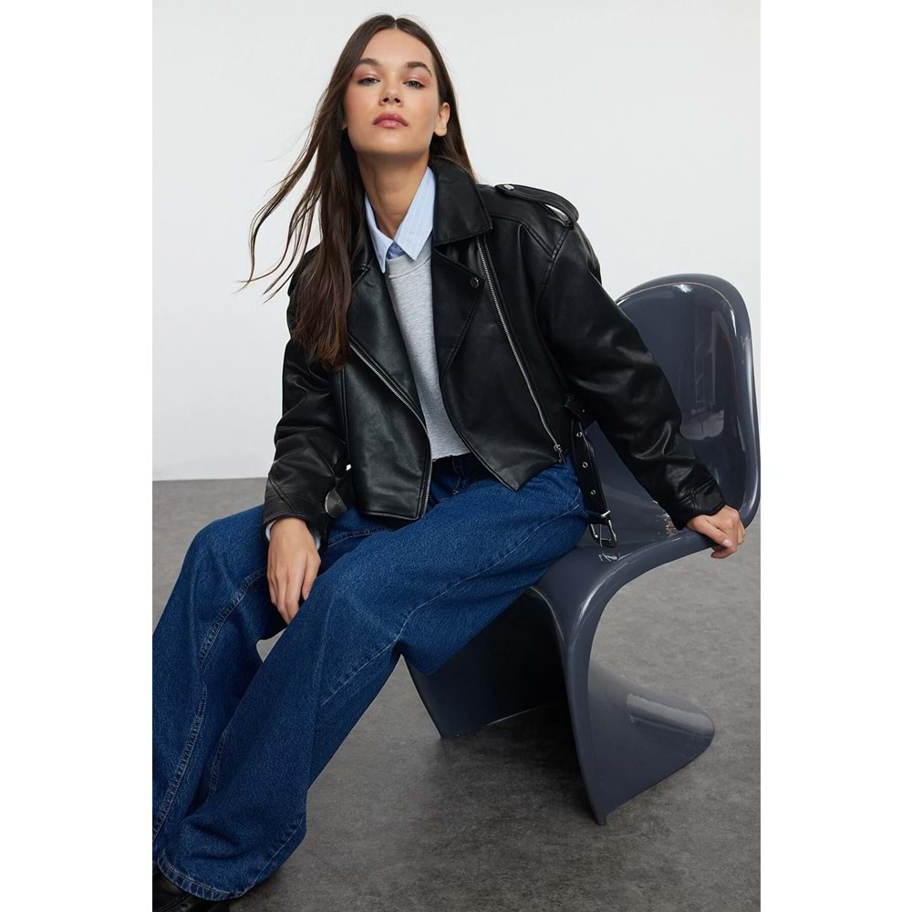 Siyah Oversize Kemerli Suni Deri Biker Ceket Mont