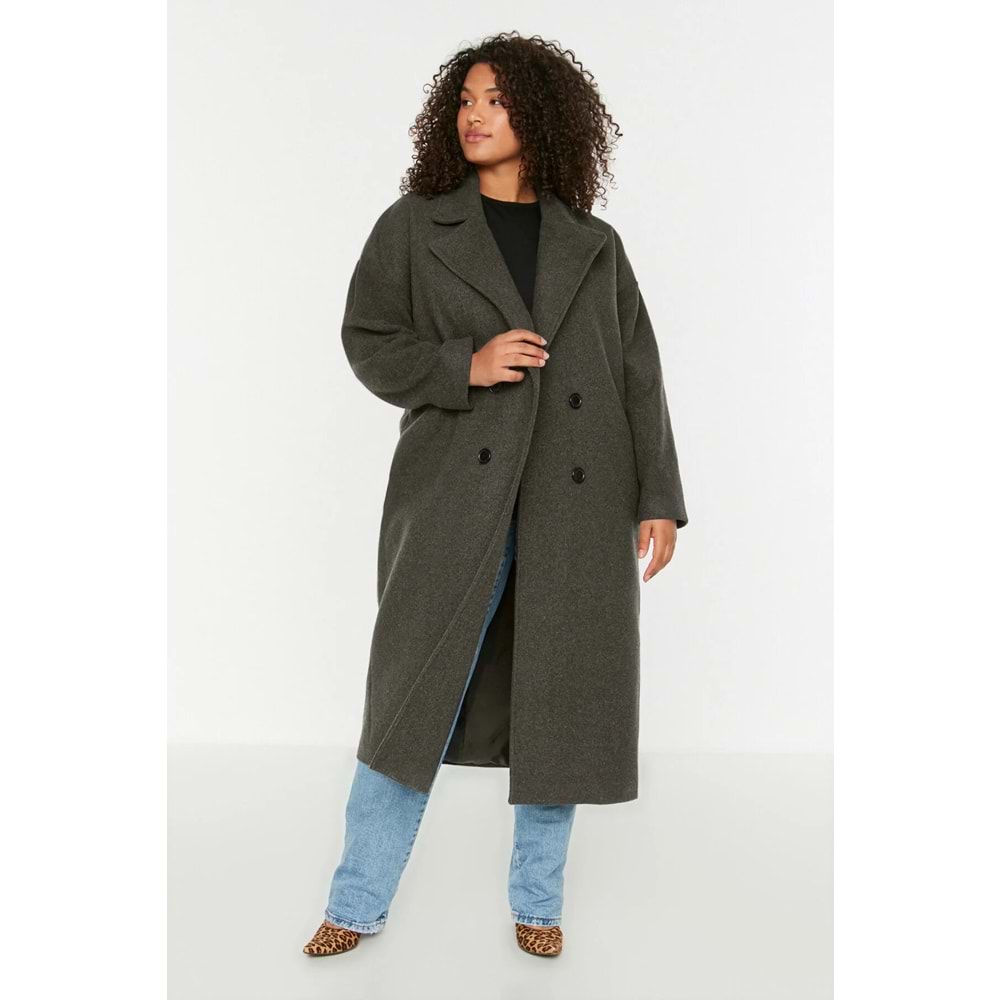 Antrasit Oversize Fit Kruvaze Kapama Yün Karışımlı Kaşe Kaban