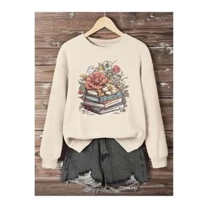 itap Ve Çiçek Baskı Detaylı Bisiklet Yaka İçi Polarlı Sweatshirt