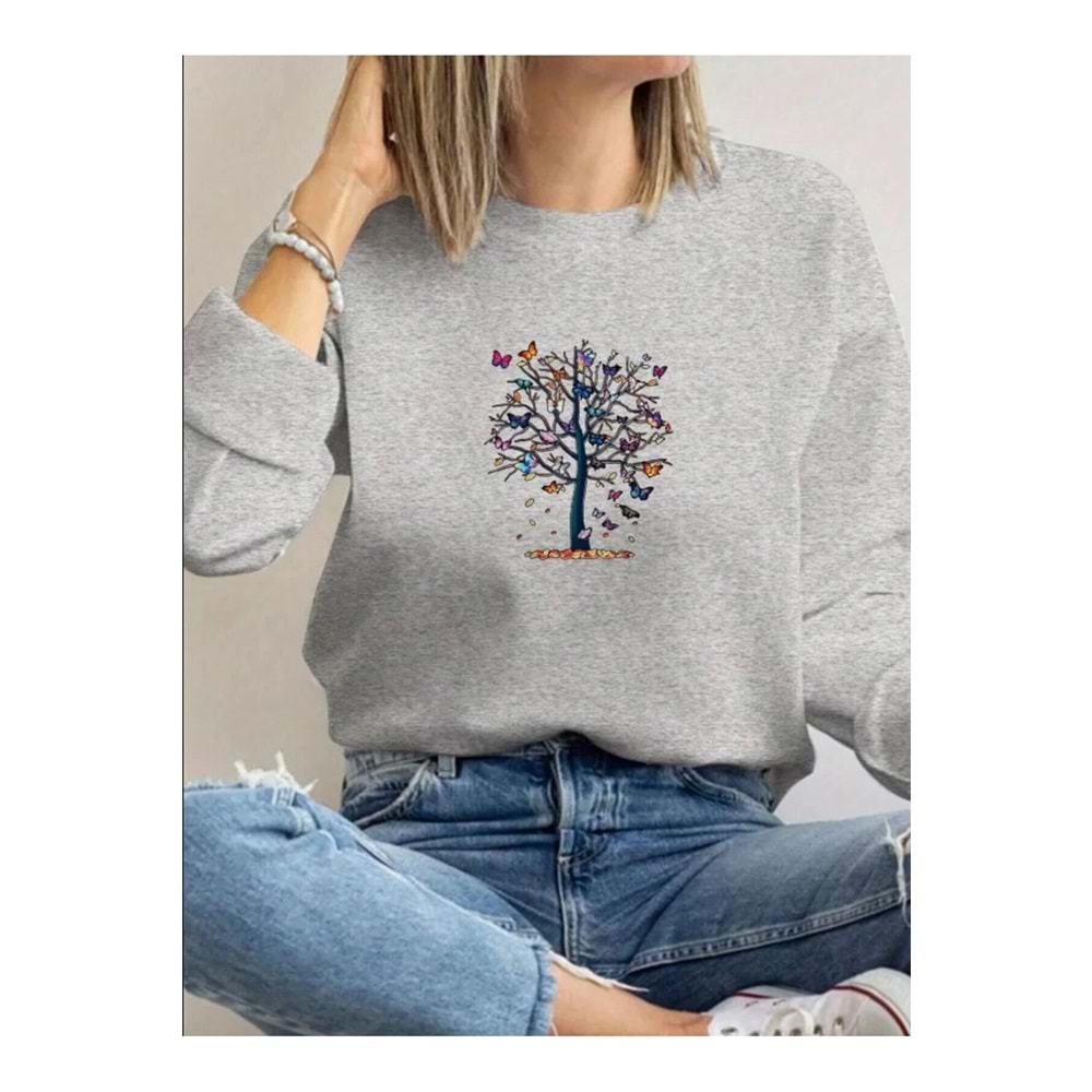 Mini Kelebekler Baskılı Bisiklet Yaka İçi Polarlı Sweatshirt