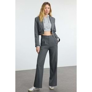 Gri Wide Leg Geniş Paça Pileli Dokuma Pantolon
