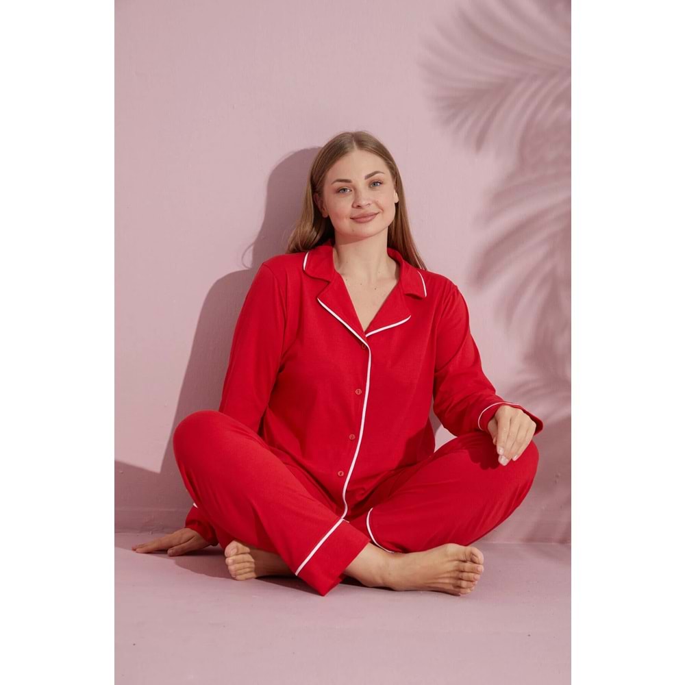 Büyük Beden Kadın Kırmızı Uzun Kollu Pamuklu Düğmeli Biyeli Pijama Takımı