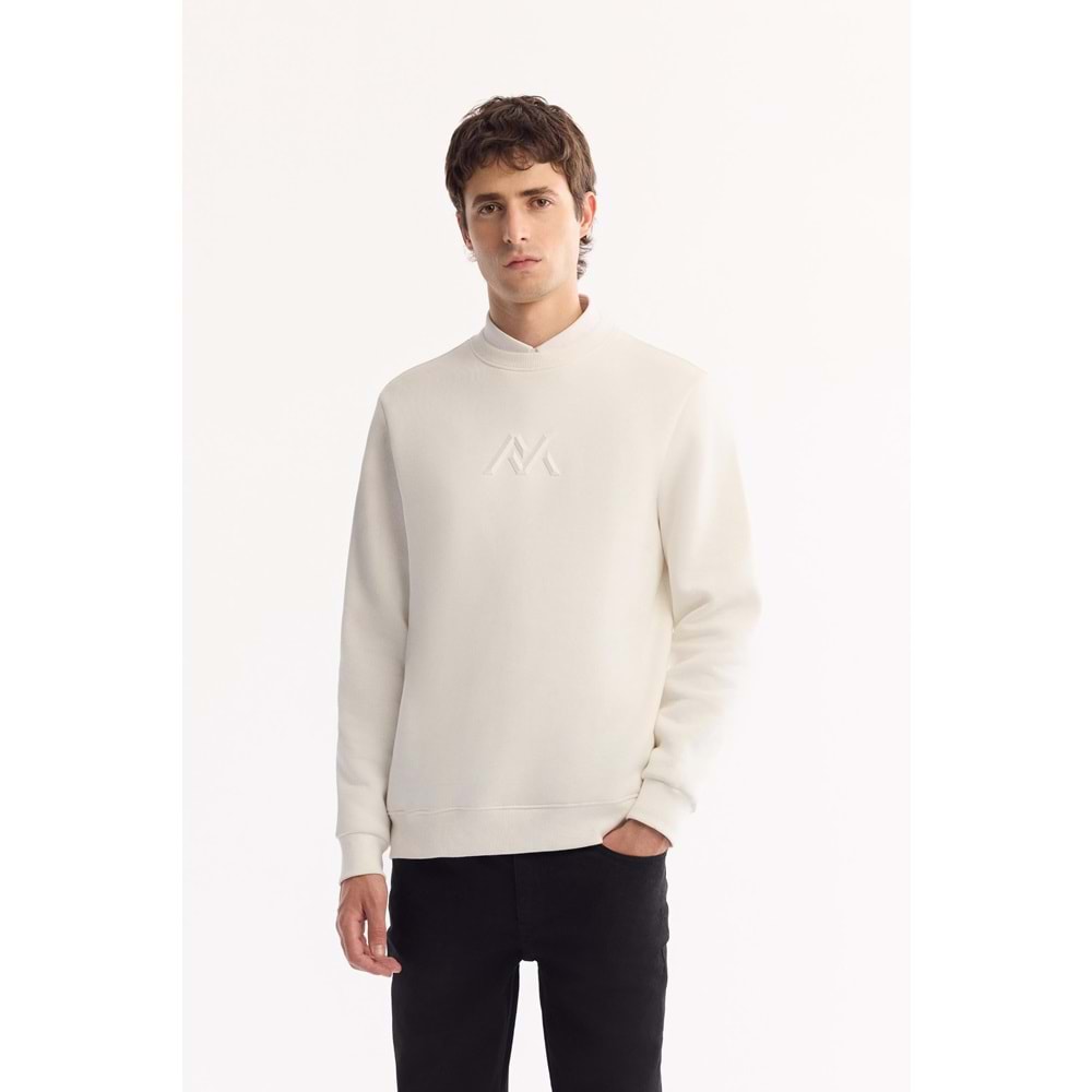 Beyaz Bisiklet Yaka Kolay Ütülenen 3 İplik Şardonlu Baskılı Sweatshirt