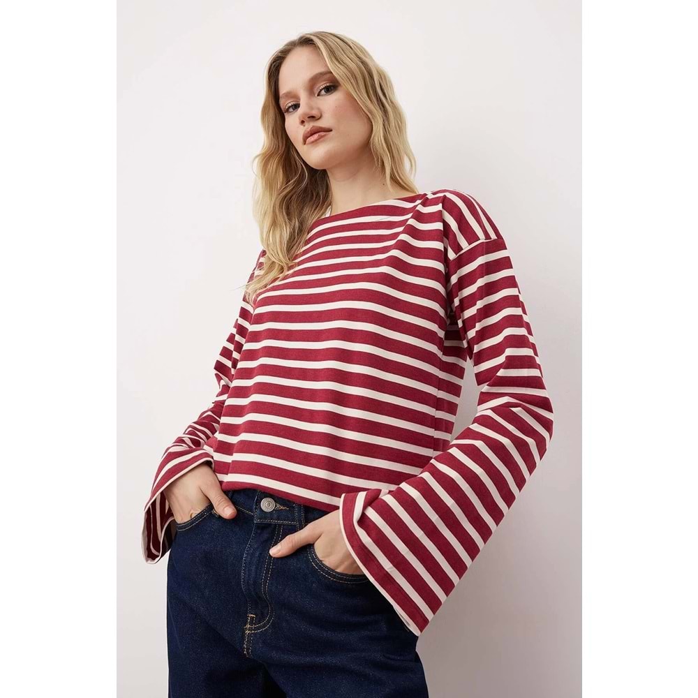 Bordo Kalın Pamuklu Çizgili Regular/Normal Kalıp ÖrmeT-Shirt