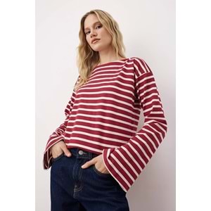 Bordo Kalın Pamuklu Çizgili Regular/Normal Kalıp ÖrmeT-Shirt