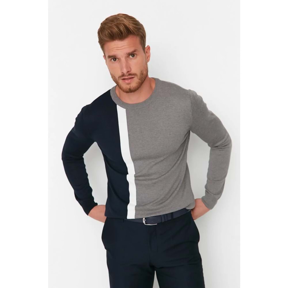 Slim Fit Pamuklu Bisiklet Yaka Renk Bloklu Triko Kazak
