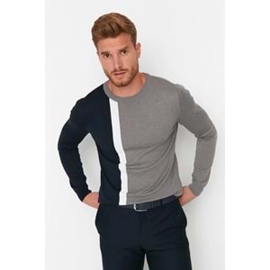 Slim Fit Pamuklu Bisiklet Yaka Renk Bloklu Triko Kazak