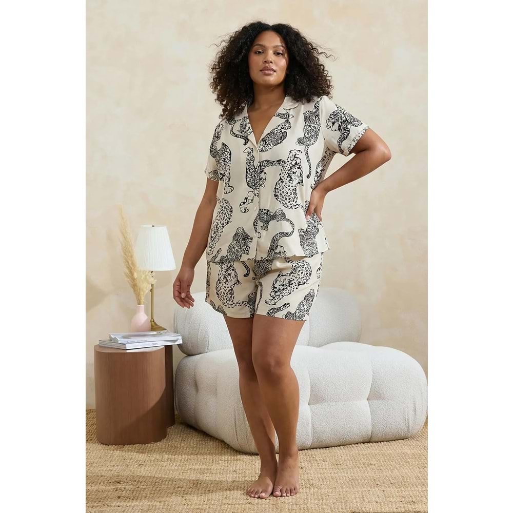 Trendyolmilla Curve Krem Kaplan Desenli Gömlek Yaka Dokuma Pijama Takımı