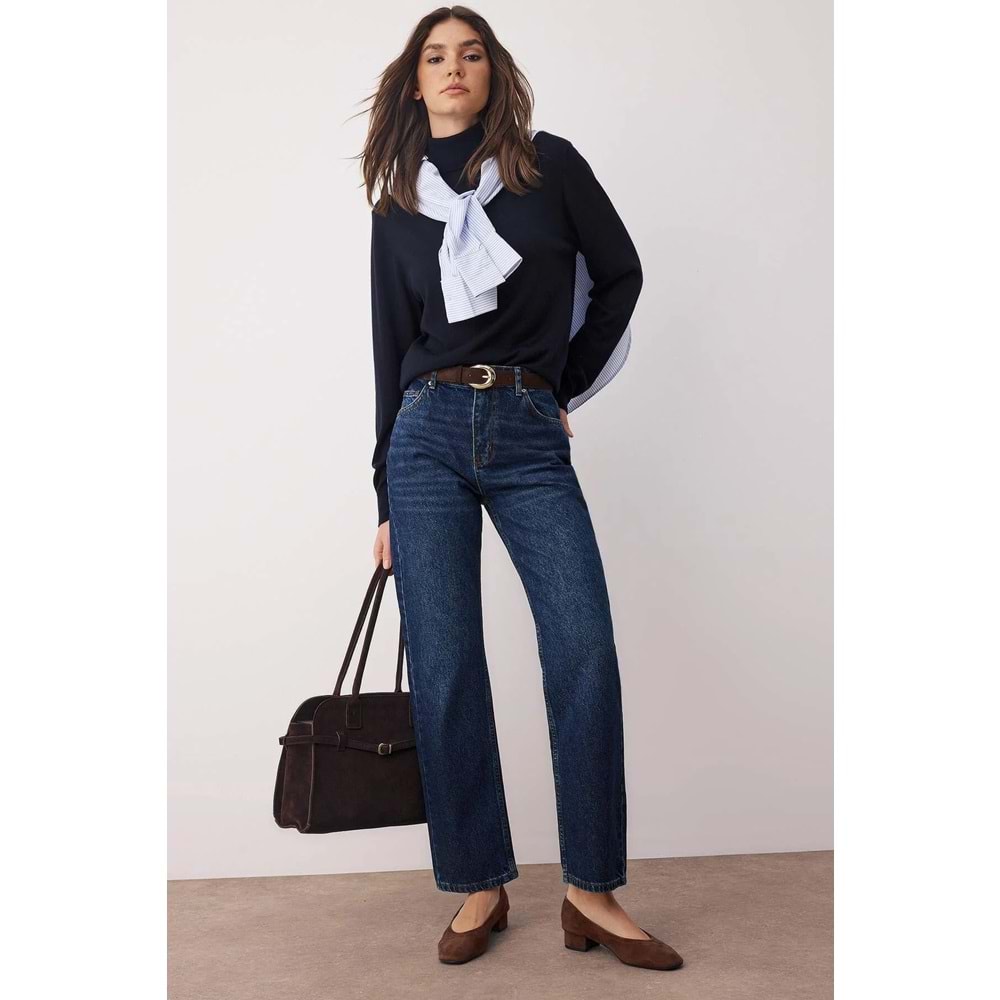 Koyu Mavi Yüksek Bel Straight Boru Paça Düz Kesim %100 Pamuk Non-Stretch Jeans