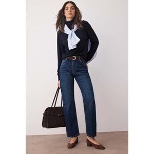 Koyu Mavi Yüksek Bel Straight Boru Paça Düz Kesim %100 Pamuk Non-Stretch Jeans