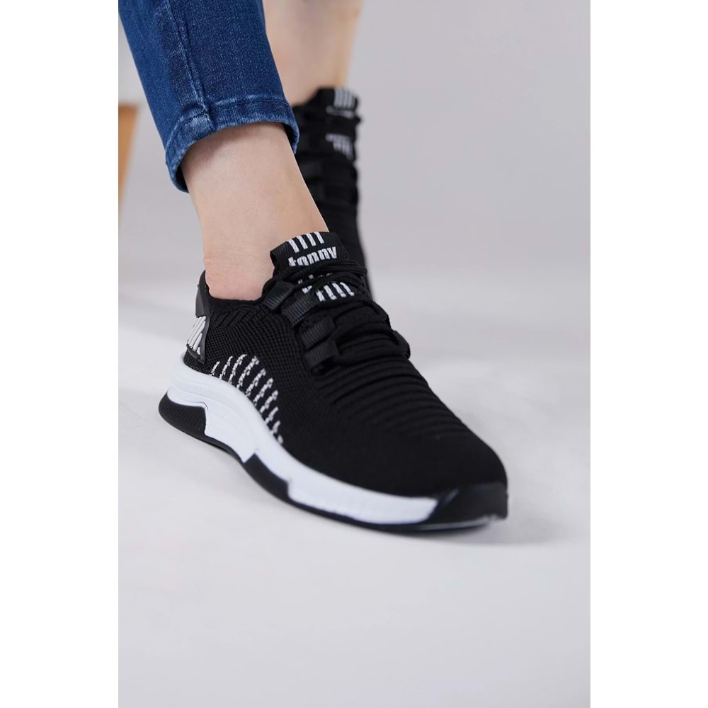 Tonny Black Unisex Siyah Beyaz Poli Taban Tekstil Kumaş Bağcıklı Spor Ayakkabı