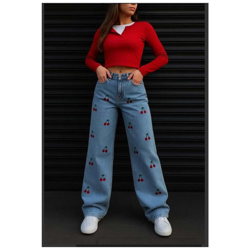 Kiraz Nakışlı Baggy Jean