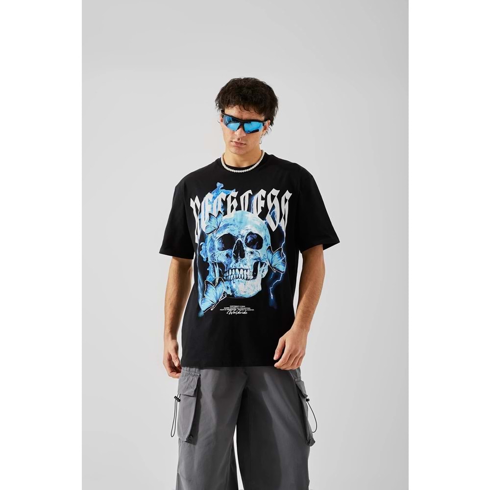 Reckless Skull Baskılı Siyah Oversize Tişört