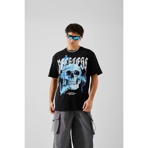 Reckless Skull Baskılı Siyah Oversize Tişört