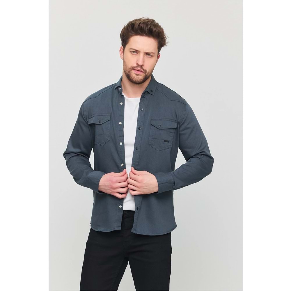 YXC Slim Fit Erkek Kot Gömlek Petrol Yeşili