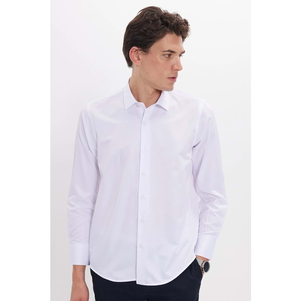 Slim Fit Uzun Kollu Kolay Ütü Teri Emen Nefes Alan Doku Kravatlık Dört Mevsim Beyaz Erkek Gömlek