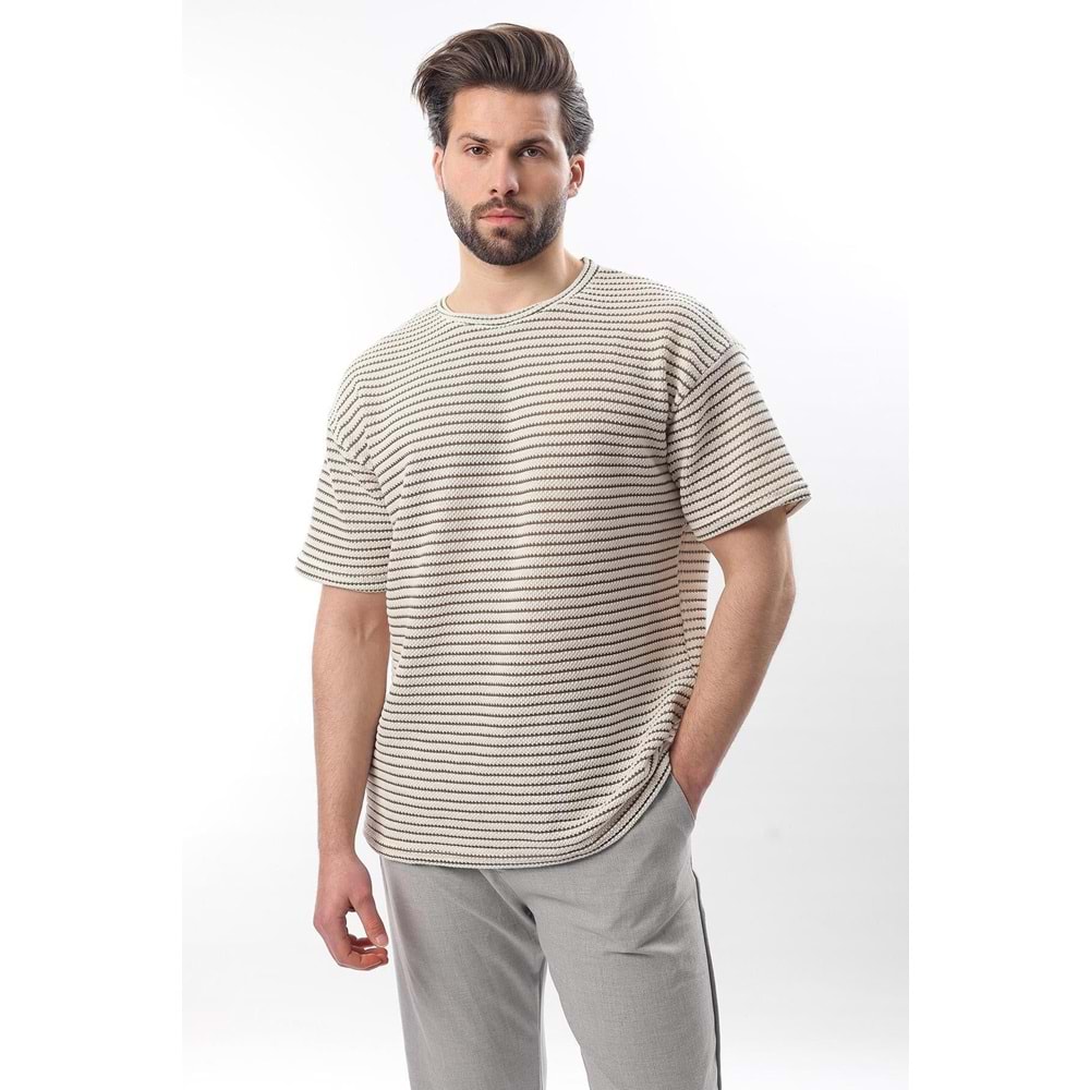 MADMEXT Haki Bisiklet Yaka Pamuklu Çizgili Erkek T-shirt