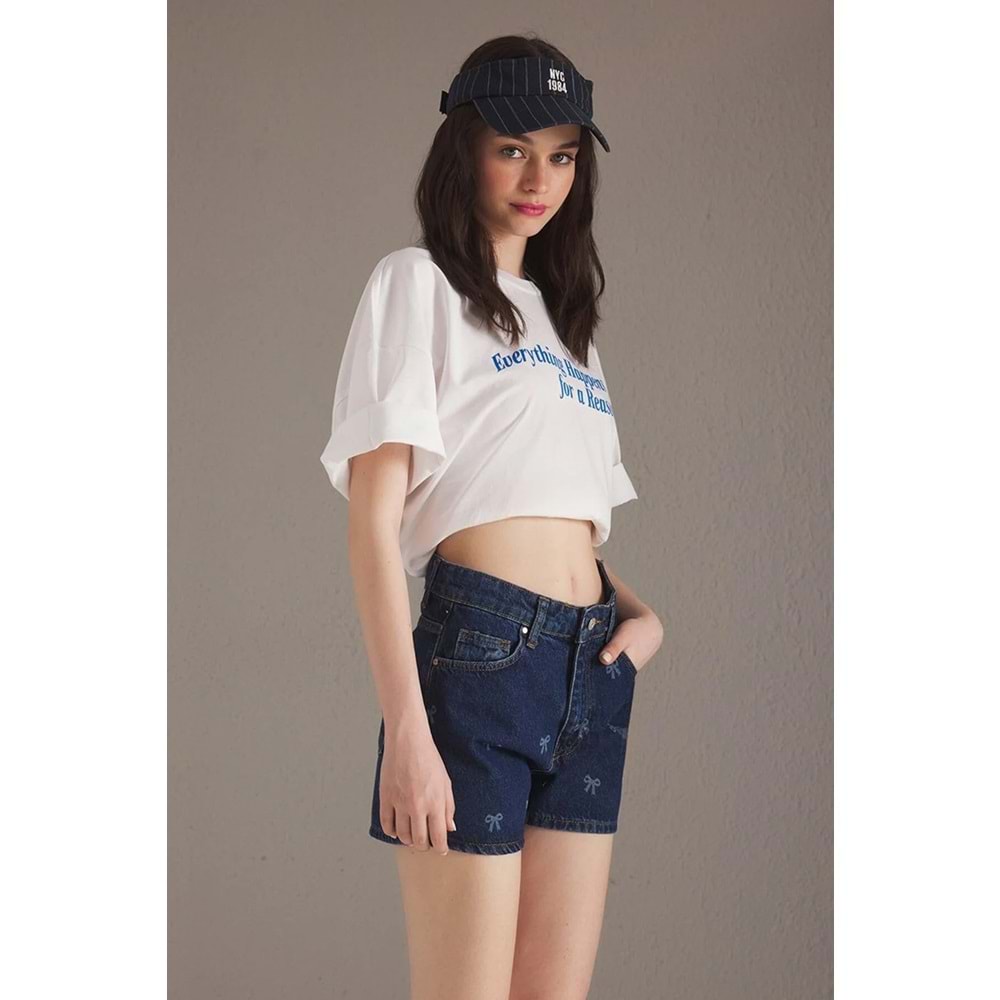 Trendyolmilla Mavi Kurdele Baskı Detaylı Yüksek Bel City Boy Denim Şort